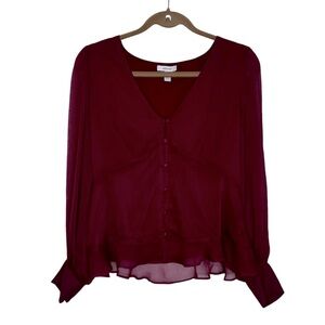 Nine West Blouse Women’s Medium Wine Maroon Lined Button Up Ruffle Flowy Dressy